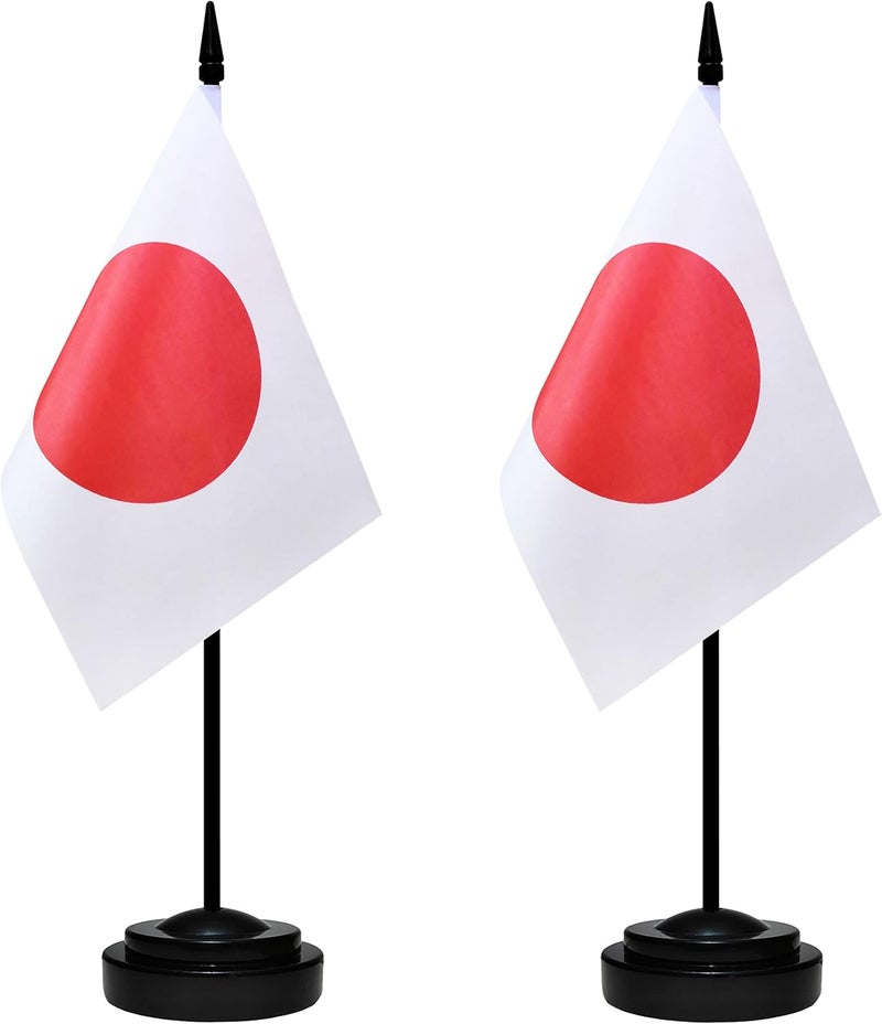 BCLin Japan Desk Flag Set, 2 Pack Japanese Table Office Flags, Small Mini Desktop Flag With 12" Solid Black Pole, Black Base, Miniature Desktop Flag - Image 1